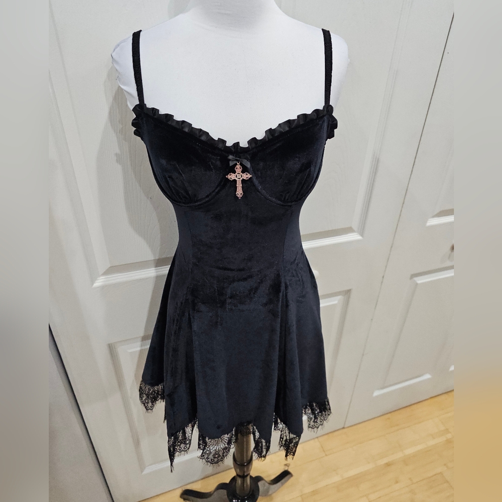 Dolks Kill Widow Goth Witchy Midnight Blind Faith Black Velvet Sexy Mini Dress S - Picture 8 of 8